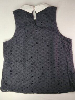 CeCe Navy Eyelet Blouse White Collar, Size L Sleeveless Preppy Top